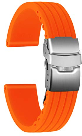 ULLCHRO Gummi Uhrenarmband Ersatzarmband Ersatz Kautschuk Armbanduhr Wasserfest Stripe Pattern - 16mm, 18mm, 20mm, 22mm, 24mm Uhrenband mit Edelstahl Faltschließe (22mm, Orange)