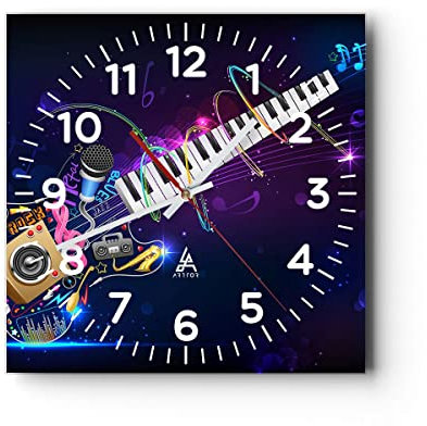 Modern Wanduhr Gitarre Instrument Musik Notiz 30x30cm Quadrat Klein Wand Uhr Glas Analog Zimmeruhren Küche Büro Wohnzimmer Glasuhr Wall Clock Dekoration Design Wanddekoration Küchenuhr C4AC30x30-2724