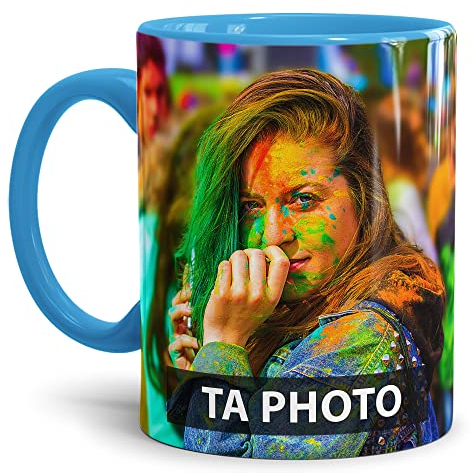 Tasse selbst individuell gestalten/Personalisierbar mit eigenem Foto bedrucken/Fototasse/Motivtasse/Werbetasse/Firmentasse mit Logo/Innen & Henkel Hellblau - XXL Druck