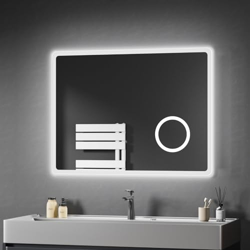 Heilmetz LED Badspiegel mit Beleuchtung 80x60cm, Badezimmerspiegel mit Licht, 3 Lichtfarben Dimmbar, Antibeschlag, 3X Vergrößerung, Wandspiegel mit Beleuchtung, Energiesparend