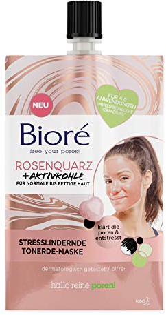 Biore 26421 Rosenquarz + Aktivkohle Tonerde-Gesichts-Maske - Stresslindernd - Für normale und fettige Haut - Klärt die Poren,