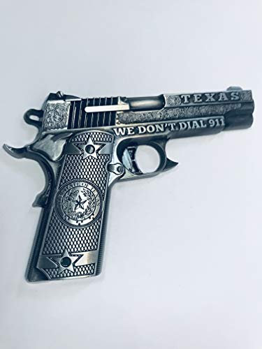Generic BigTexas Kühlschrankmagnet aus Metall mit Texas-Pistole, Flaschenöffner mit We Don't Dial 2,399.9 cm und Texas-Siegel, The State of Texas