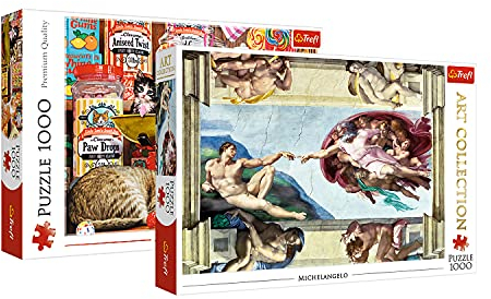 Trefl Duopack, Paket mit 2 Puzzles, 2x1000 Teile: Die Erschaffung Adams, Michelangelo; Katzensüßigkeiten, Sonderedition Exklusiv bei Amazon