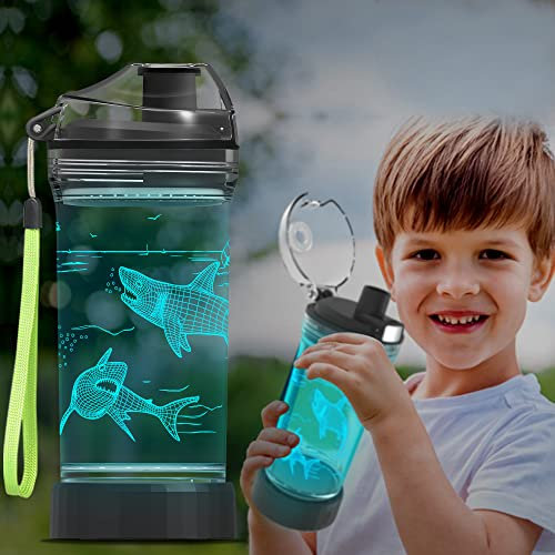 Ammonite Kids Shark Water Bottle with 3D Glowing LED Light - 14 OZ Tritan BPA Free - Creative Ideal Travel Cup Gift for School Kid Boy Child Holiday Camping Picnic Ocean Fan