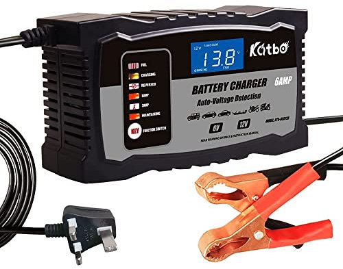 KATBO Automatic Battery Charger 6V 12V Auto-Voltage Detection 2Amp 6 Amp Lead Acid Battery Float Charger Maintainer With LCD Display For Motorcycle Car Boat Marine Lawn mower Atv Toy Car