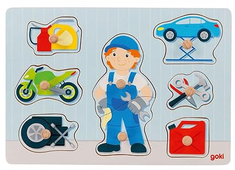 goki 57407 - Steckpuzzle Automechaniker aus Holz - 8 Teile