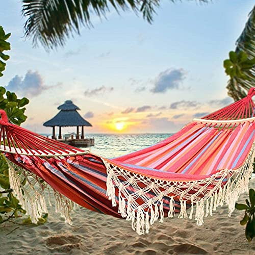 Baumwolle Canvas Hängematte Quaste, Doppel Boho Hängematte mit Makramee Fransen, Tragbare Hängematten Schaukel Outdoor für Camping Freien Innen Garten mit Tragetasche, 150kg Tragkraft Pink Stripes