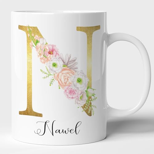 Taza de café y té alfabeto con nombre personalizado, regalo personalizado para niña, mujer, colegio, familia, cumpleaños, hermano, hermana, – Taza original de flor vintage adorable amarillo