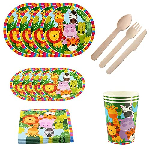 80 Stücke Tier Party, Party Geschirr, Papier Papierschalen, Partygeschirr Geschirr, mit Papierserviette, Pappteller, Pappbecher, Messer, Gabel und Löffel, für Partys (10 Gäste)