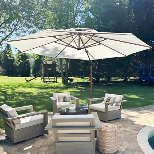 PURPLE LEAF Sonnenschirm 330 cm Holzoptik Alu Doppeldach 360° Drehbar Cream | Vielseitig Verstellbar (6-fach), Verstärktes Standrohr, Stabil & Windfest, 240g/m² UV50+ Polyester, Hohe Farbechtheit, Rund