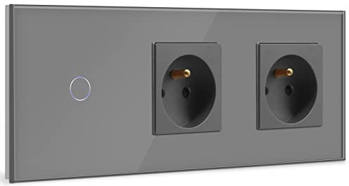 BSEED Interrupteur Tactile avec Double Prise Murale,Gris Mural Commutateur de Lumière+Double prise de courant 16A,1 Gang 1 Voie Interrupteur Tactile avec Capteur Tactile Panneau Verre Cristal