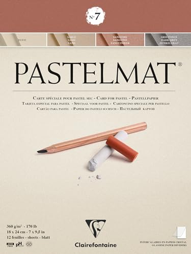Clairefontaine 96052C Glued Pad Pastelmat n°7 - 12 Sheets Special Card for Dry Pastels - 18x24 cm 360g - 4 Assorted Colors - Crystal Paper Dividers