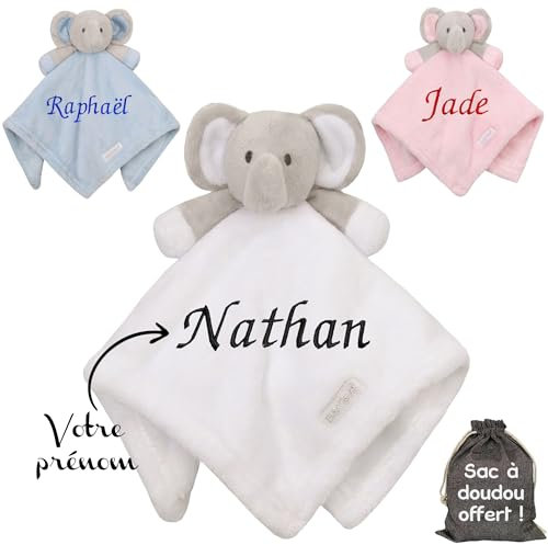 KDO MAGIC Doudou personnalisé éléphant - Peluche Personnalisable avec prénom brodé - Cadeau de Naissance, garçon, Fille, bébé, Anniversaire (Blanc)