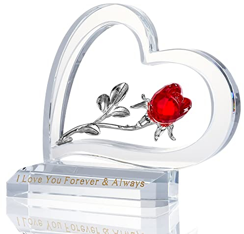 Crystal Red Rose Flower Anniversary Romantic Gifts for Women, I Love You Forever & Always Keepsake Gifts for Girlfriend, Ruby Glass Floral Ornament for Home Wedding Valentines Decor (Red)