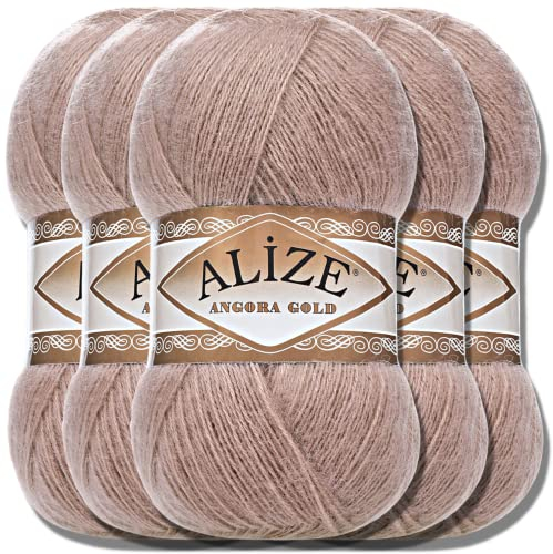 Hobby YARN Alize 5x 100g Angora Gold Türkische Premium Wolle Dünne Mohair aus Schurwolle Babywolle als Strickgarn Handstrickgarn Einfarbig Uni Yarn (Bark | 524)))