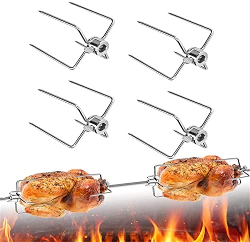 4 Stück BBQ Fleischklammer Fleischnadeln Edelstahl Grillklammer mit Feststellschraube, Chicken Grill für Stangen mit einem Durchmesser von 8-11mm