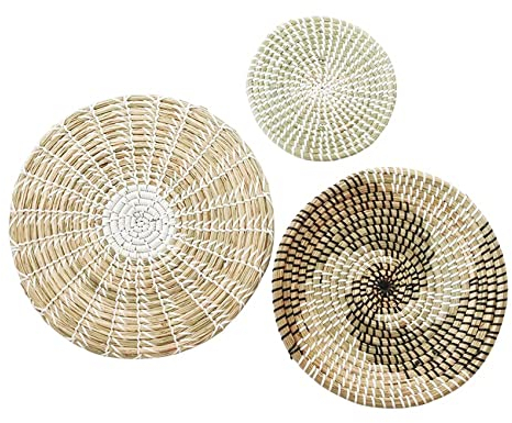 Set mit 3 Körben aus Weidengeflecht, Wanddeko, aus Seegras, gewebt, zum Aufhängen, Flache Körbe, Boho-Ornament, runder Korb für Wanddeko