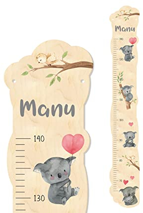 Kinder Messlatte 'Koala' aus Holz mit eigenem Namen personalisiert, Motiv: Koalabär mit Namen, ca. 15 x 100 cm, Farbvariante: grau