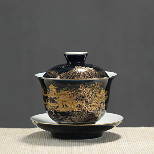 BOSUGE coffee mugs,decorations,tea cup,Ji Blue Glaze Sancai Cover Bowl Tea Cup Jingdezhen Hand-Painted Gold Enamel Ceramic Kung Fu Tea Set Cover Bowl Tea Bowl Small Tea Bowl Handmade Tea Set Saucer