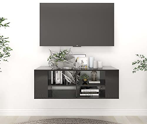 WIFESE Meuble TV Mural Noir Brillant 102x35x35 cm Aggloméré Meuble Television Réglable Table TV Support de TV Décoration Salon Etagère Rangement Magazines Livres Plantes Cadres Photo
