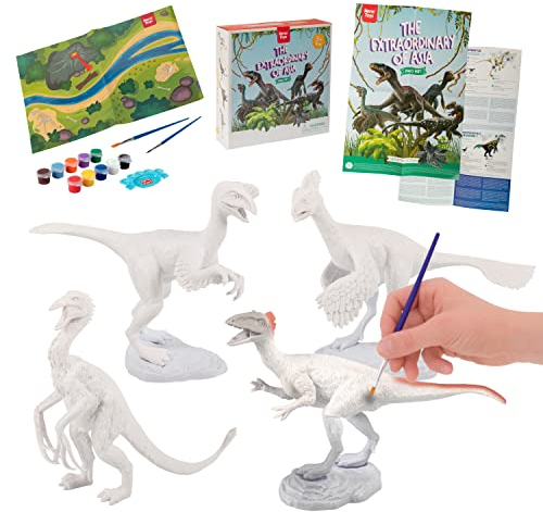 Nene Toys Dinosaurier-Malset für Kinder von 3–7 Jahren [Die Großen von Asien] – Malset mit 4 Dinosauriern, 2 Farben-Sets, 2 Pinseln, Lernposter und Spielmatte – Spielzeug zum Malen und Basteln