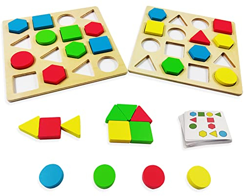 FIBOGOUP Montessori Spielzeug für 3 4 5 6 Jahre,2 Sets Spielzeug + 32 Lernkarten, Eltern und Kinder können zusammen Spielen, Kinder Lernen Formen und Farben, passendes Geschenk für Kinder