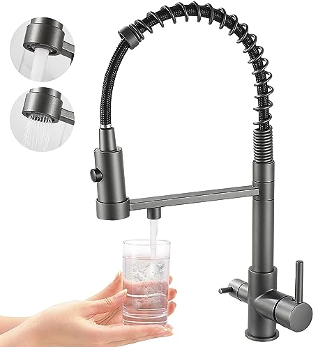 3 Wege Wasserhahn Küche, Ausziehbar Küchenarmatur, Spültischarmatur aus Messing, 3 in 1 Mischbatterie für Wasserfilter(grau)