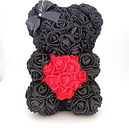 Yarhom Orso di rose artificiali, romantico, in schiuma, per San Valentino, compleanno, regalo per donne, mamma, fidanzata, papà (nero con cuore rosso)