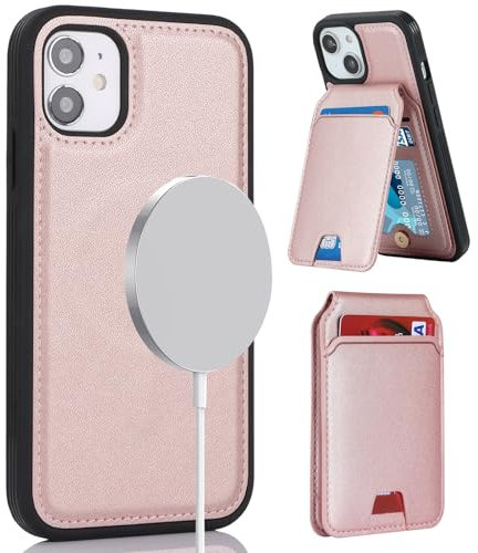 ELTEKER Hülle für iPhone 11 Handyhülle mit Kartenfach Magnetischer Kartenhalter Handy kreditkartenetui mit Ständer,Leder Klapphülle Schutzhülle für iPhone 11-Roségold