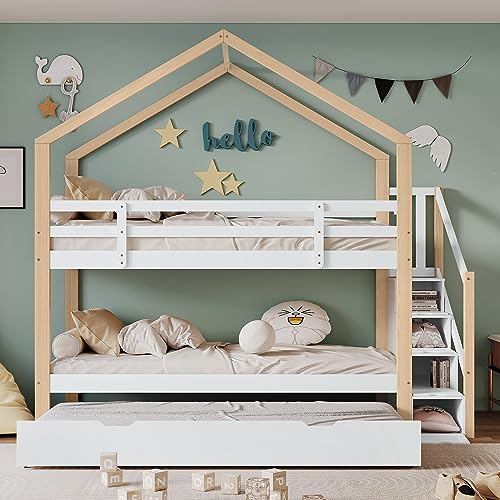 Moimhear Etagenbett, ausziehbares Baumhausbett, Ausziehbett, Leiter mit 4 Schubladen, Lattenrost, Natur+Weiß (90 x 200 cm & 90 x 190 cm)