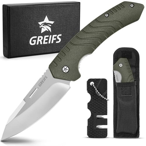 GREIFS® Klappmesser G1 (Zweihandmesser) Messer mit Tasche, Outdoor & Survival Taschenmesser, Überlebensmesser, Jagdmesser (G1+Messerschärfer, OliveSilver)
