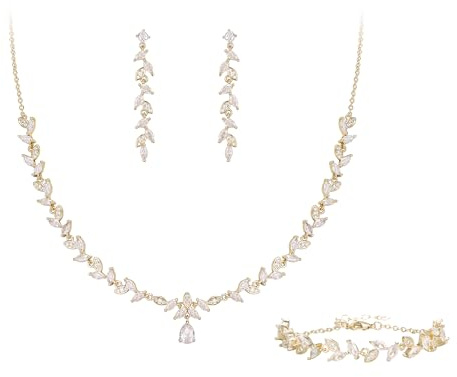 BriLove Wedding Jewelry Set Cubic Zirconia for Women Bride Gold-Tone