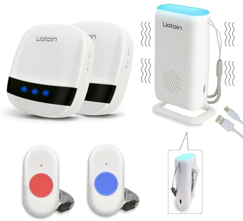 LIOTOIN Wireless Caregiver Pager Elderly Alarm Call Button Personal Alarms Call Bell Panic Button for Elderly Patient Nurse (2 waterproof Transmitters 1 Portable Receiver 2 UK Plug-in Receiver)
