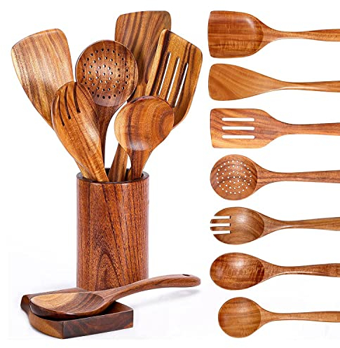 Tagtight Juego de 9 utensilios de cocina, cuchara de cocina, espátula, cuchara de madera para cocinar, cucharón espumante, cucharón para pasta, colador, cucharón sopa, utensilios de cocina - vajilla