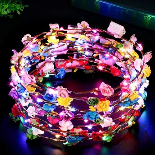 Sunshine smile 6 Pcs Leuchtender Haarkranz Blumen,Haarkranz Leuchtend,LED Blumenkranz Stirnband,Garland Stirnband Kinder,Haarband mit Blumen Madchen,Blumenstirnband Damen LED