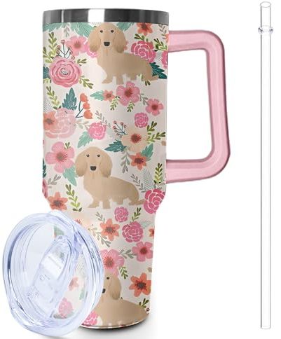 Lumumanber 40 oz Dachshund Tumbler with Handle and Straw, Dog Travel Mug Water Bottle, Stainless Steel Insulated Cup with Lid and Straw, Birthday Christmas Gifts