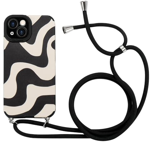 Lafunda Handykette kompatibel mit iPhone 15 Hülle, iPhone 15 Necklace Handyhülle mit Band - Wave Cute Zebra Stripes Muster Design Case mit Kette zum umhängen Schwarz