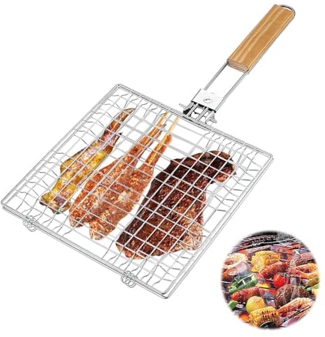 badaren Cestino per Barbecue, Cesto per Grigliare il Pesce, Griglia Pieghevole per Barbecu, Griglia BBQ - Pratici Accessori per Grigliare Pesce, Carne Alla Griglia, Verdure e Gamberetti (Argento A)