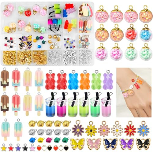 Ysimple 410 Stück Charms Anhänger Set, Bubble Tea Gummibärchen Anhänger Selber Machen Set, Schmuck Selber Machen Kit für Armband, Halskette und Handwerk DIY, Mit Aufbewahrungsbo