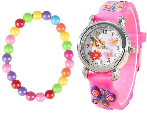 Wonvify Montre et Bracelet Pédagogique pour Enfant Fille, Dessin Animé 3D, Mouvement à Quartz, Montre Cadeau pour Filles de 3 à 12 Ans