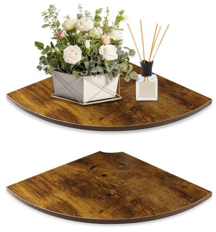 JJL Eckregale, 30 cm tiefes fächerförmig-Eckregal zur Wandmontage mit Drahtloch, 2-stöckiges kreisbogenförmiges Eck-Hängeregal für Wandaufbewahrung, für Lautsprecher, Kabelbox, Rostbraun