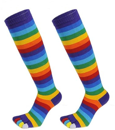 HUAJINGKEJI Bequeme, weiche Socken, 1 Paar Regenbogen-Zehensocken, bunte 5-Zehen-Wadensocken, Regenbogen-Streifen-Beinstulpen, lustige lange Zehensocken für Damen, violett, XS-XL