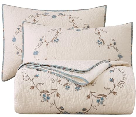 vctops - Set de colcha ligera reversible de patchwork con bordado floral elegante, 3 piezas, 100 % algodón, tamaño individual, incluye 1 colcha y 2 fundas de almohada, diseño floral (Flower B)