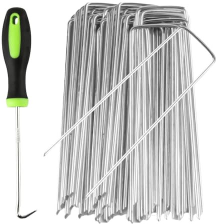 20 Pcs 15CM U Galvanized Garden Pegs, Heavy Duty Trampoline & Weed Membrane Pegs, Metal Stakes for Artificial Grass (20)