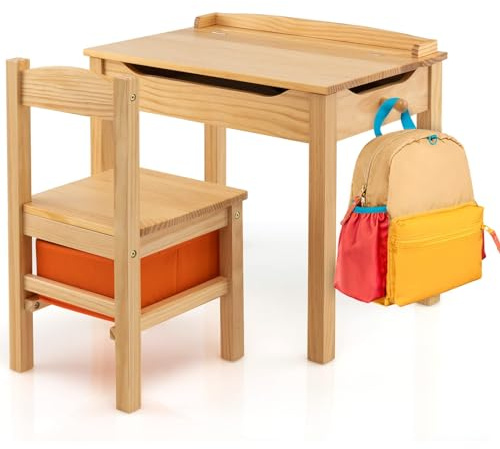 COSTWAY Kindertisch mit Stuhl, Kindersitzgruppe aus Massivholz mit klappbarer Tischplatte & Stauraum, Kinder Tisch Stuhl Set mit Stoffbox & Haken für Kinder ab 3 Jahren (Natur)
