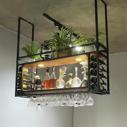 KEPMOGOH Hanging Metal Wine Rack With LED light, Ceiling Wine Glass Rack, Rustic Industrial Wine Bottle Holder 2 Tier, Wine Bottle, Goblet Stemware Rack，for Bar Cafe Kitche (80cm)