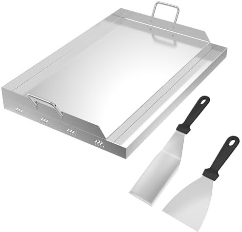 SUBTLETY Piastre per barbecue da giardino, 2 mm, in acciaio massiccio, con 2 spatole, manico e griglia del grasso, piastra universale per barbecue a gas e carbone, Plancha, per feste (65 x 40 x 7 cm)