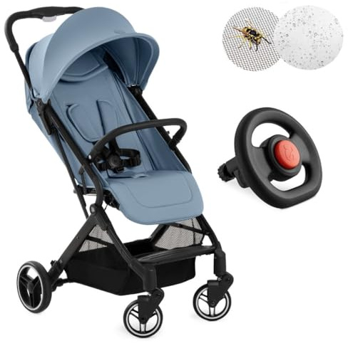 Hauck Reisebuggy Travel N Care Plus mit Spielzeug-Lenkrad | Sportwagen ab Geburt bis 22 kg mit Liegefunktion, UV-Schutz 50+, Regen- und Insektenschutz | klein zusammenklappbar - Dusty Blue