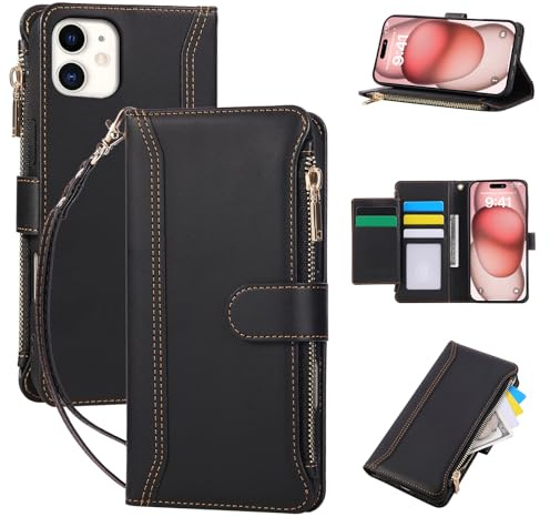 AOSBUTURY Handyhülle für iPhone 12/iPhone 12 Pro Hülle mit Kartenfächer,Stoßfeste Etui Flip Case mit Armband und Drahtloser Aufladung,Lederhülle Klappbar Schutzhülle Cover,Schwarz
