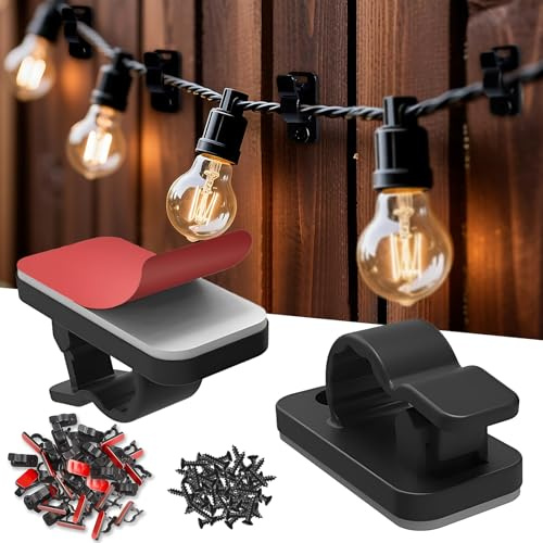100Pack Outdoor String Light Clips,R-Hanger Hooks for Garden Lights,Screw-in Hooks,SelfAdhesive String Light Clips,Cable Hangers Hanging Fairy Lights for Christmas Festival Patio Fence Decorations